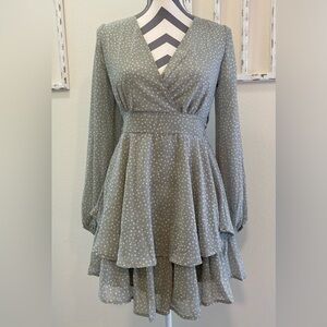 Women's Japna Dress, Sheer & Lined Layered V-Neck Long Sleeve Mini Dress Size S‎